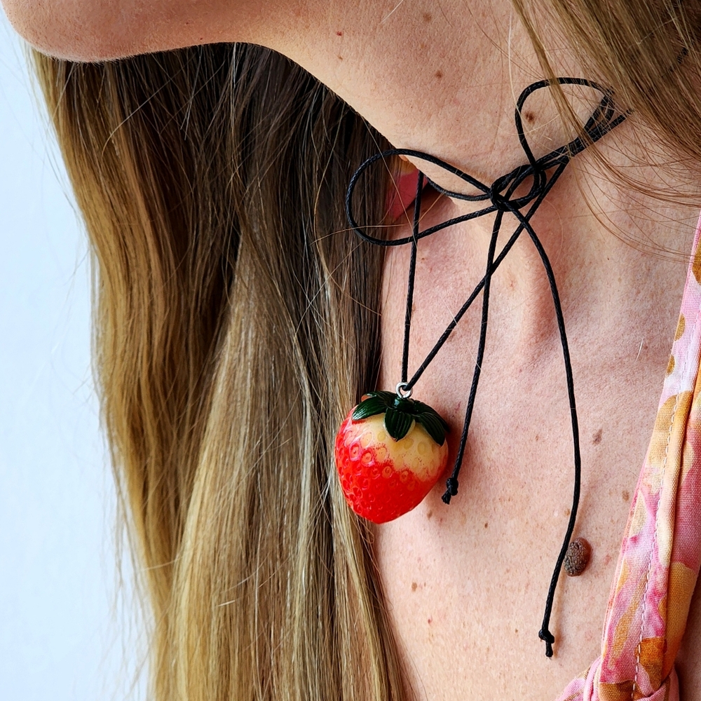 Delicate Minimalist Jewelry Realistic Strawberry Boho Chic Black Cord Raw Ends